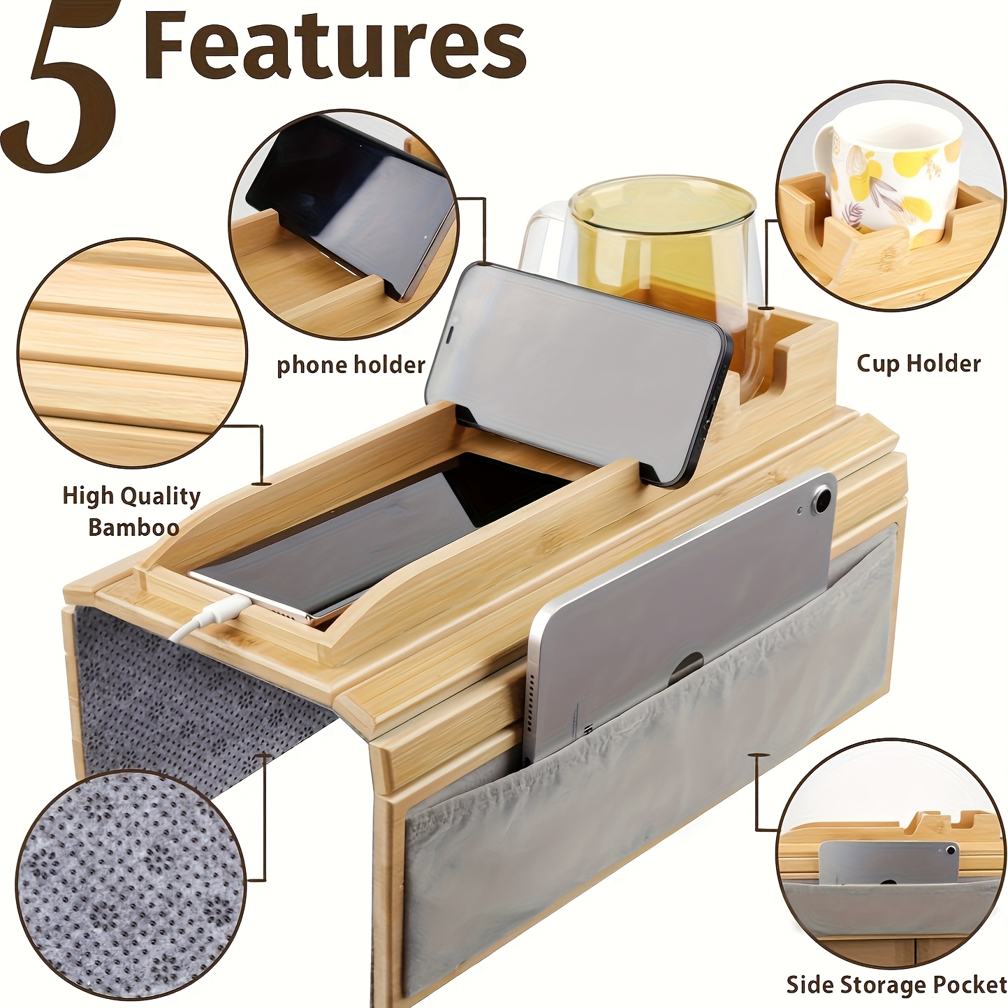 Image of Sofa Armrest Table With Cup Holder, Side Storage Pocket, And Non-slip Design, Made Of Natural Bamboo For Drinks, Snacks, Remote, And Phone