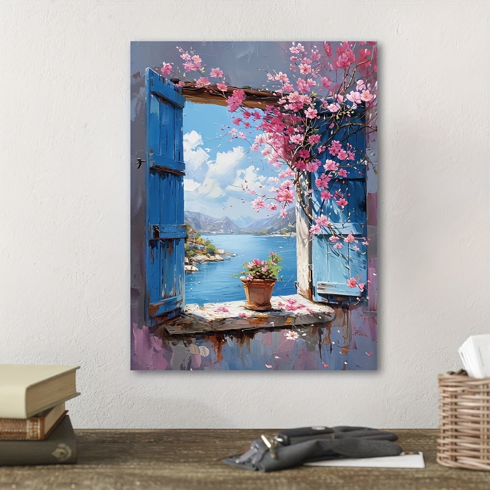 

Canvas Landscape Print Wall Art Decoration For Living Room, Bedroom, Restaurant, Office, Cafe, Bar - Blue Window View With Pink Flowers - Unframed Poster 12x16 Inches