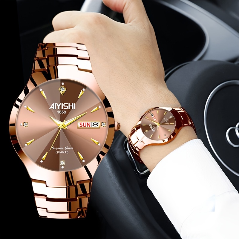 TEMU Aiyishi 2024 Fashionable Elegant Wear Double Calendar With Luminous Men's Luxury Classic Coffee Gold Stainless Steel Watch With Quartz Wristwatch, For Gifts