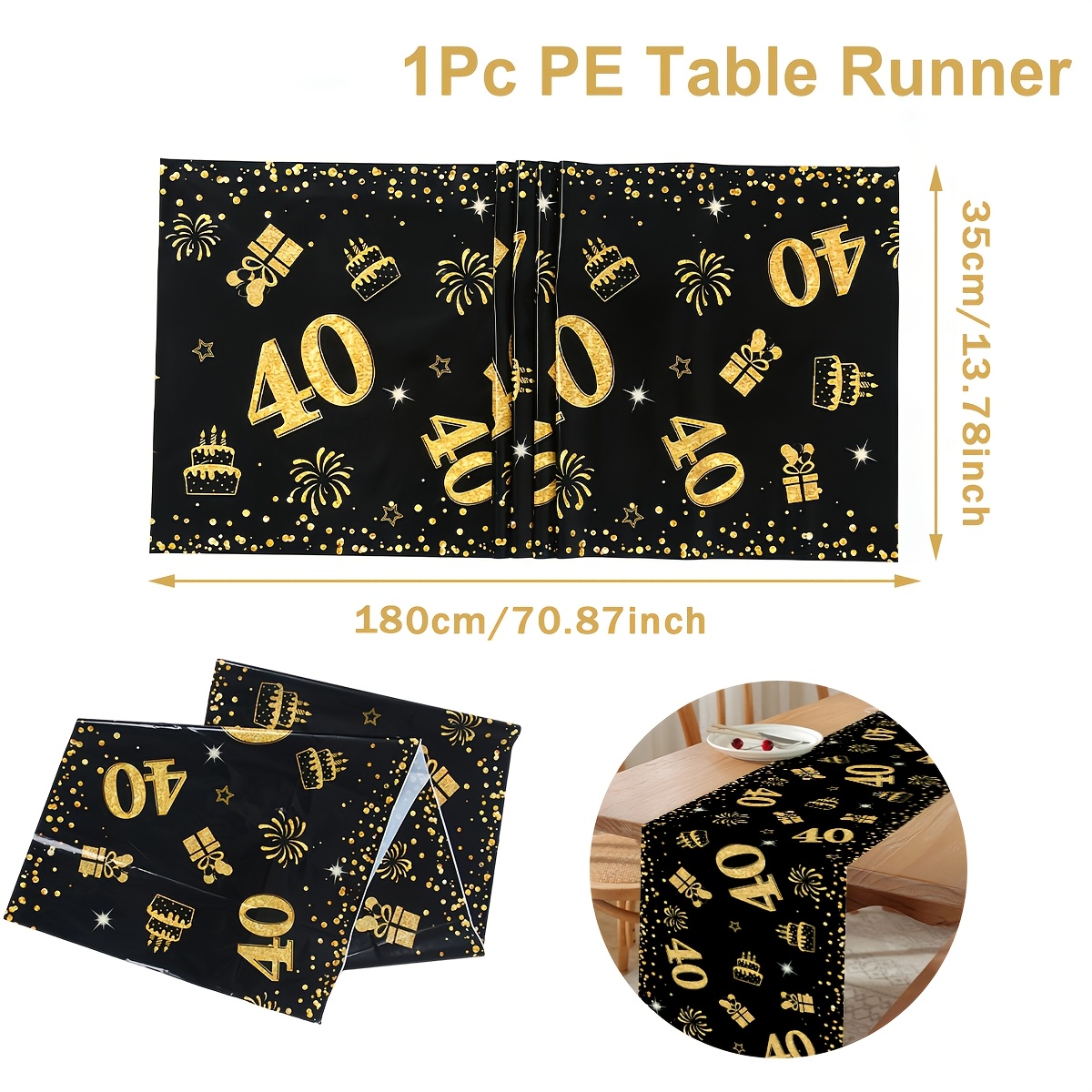 Image of 1pc, Golden Glitter Print Birthday Pe Table Runner, 180 X 35cm, Black Golden Birthday Pe Table Cover, Adults 40th Birthday Home Decor, Birthday Party Table Decorations, Event Party Table Runner