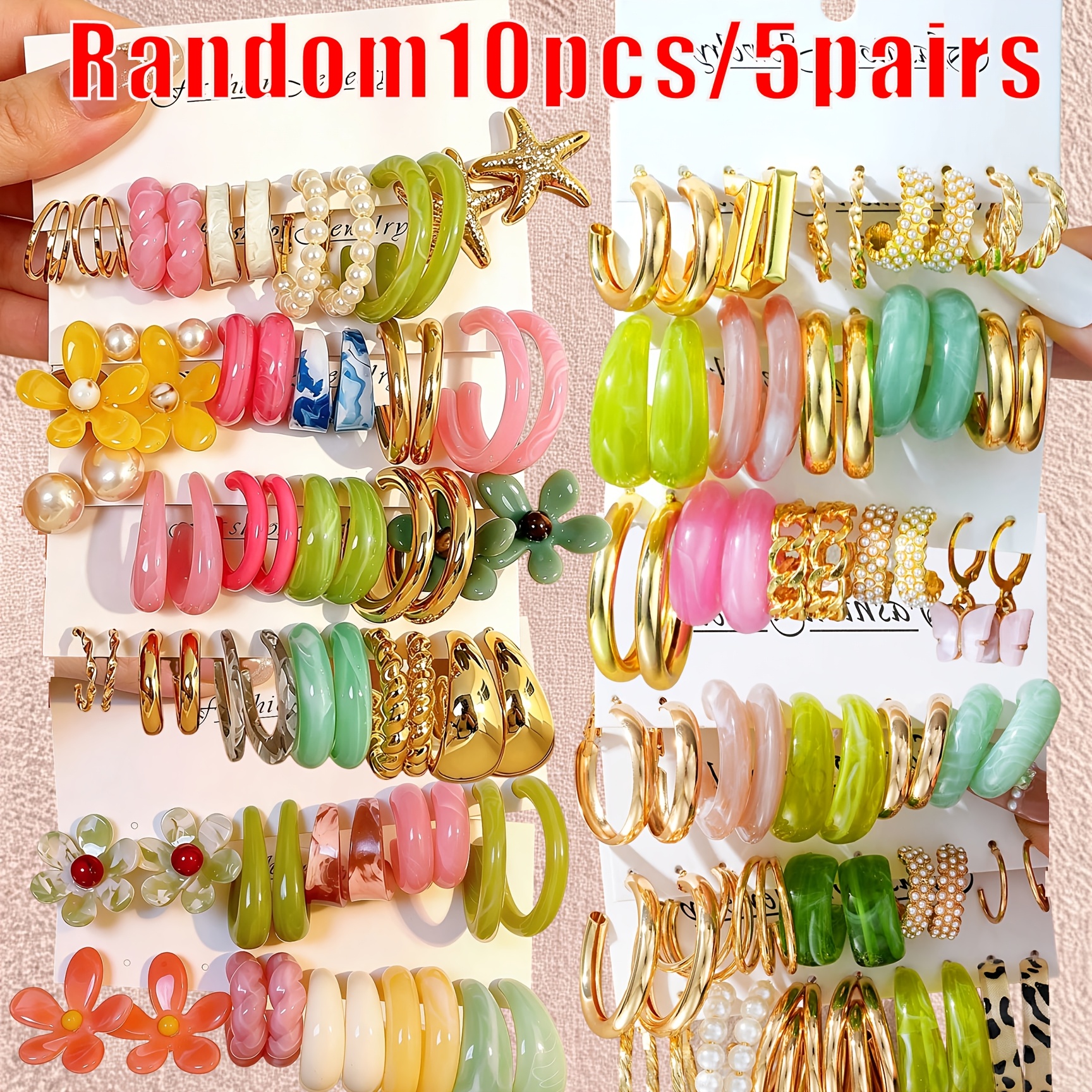 TEMU Lot de 10 créoles tendance pour femme, aléatoires, élégantes, stylées et minimalistes, avec larges bandes à floraux et géométriques colorés.