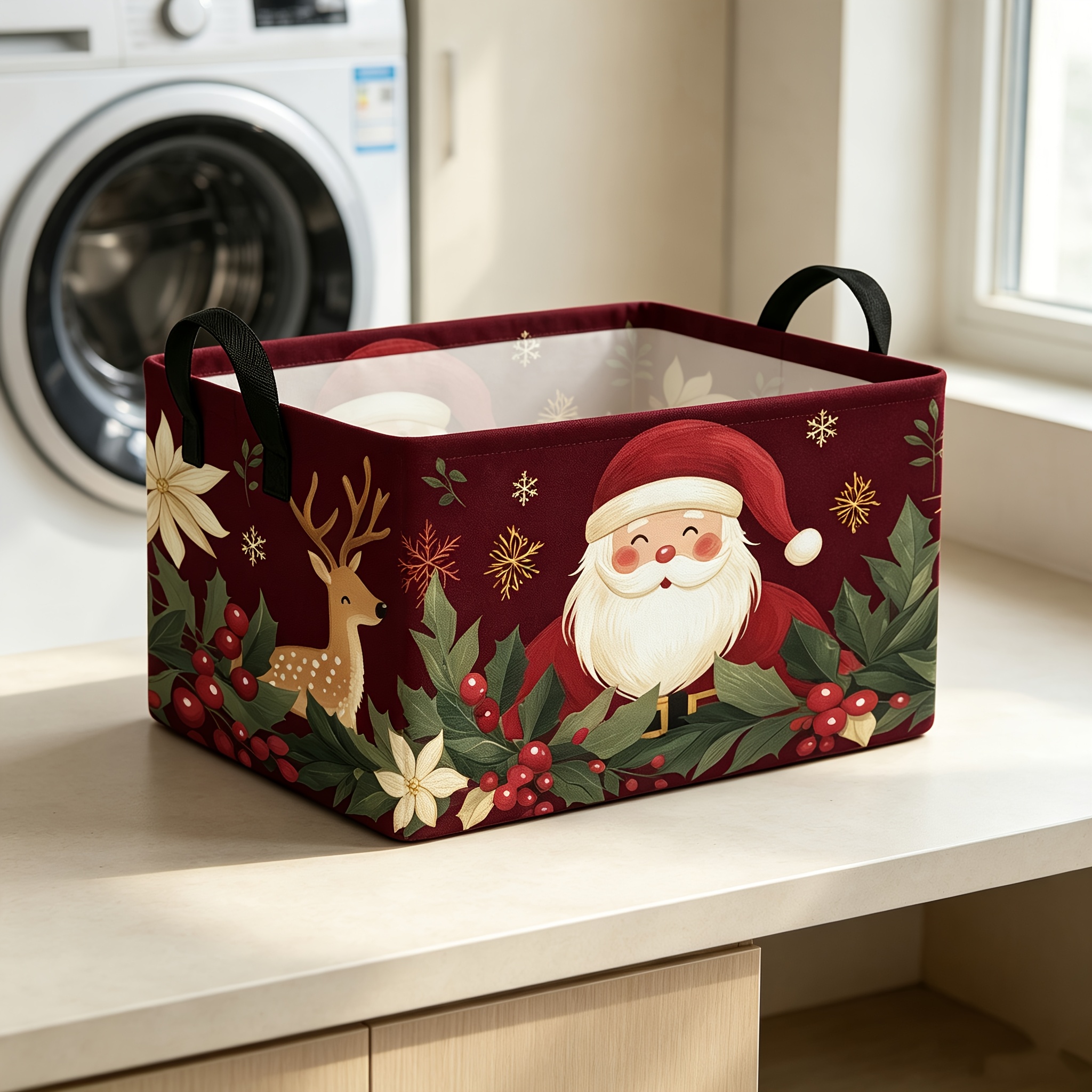 TEMU 1pc Foldable Storage Basket With Christmas Reindeer And Holly Print - Foldable Organizer Box Suitable For Clothes, Storage, Holiday Decorations,