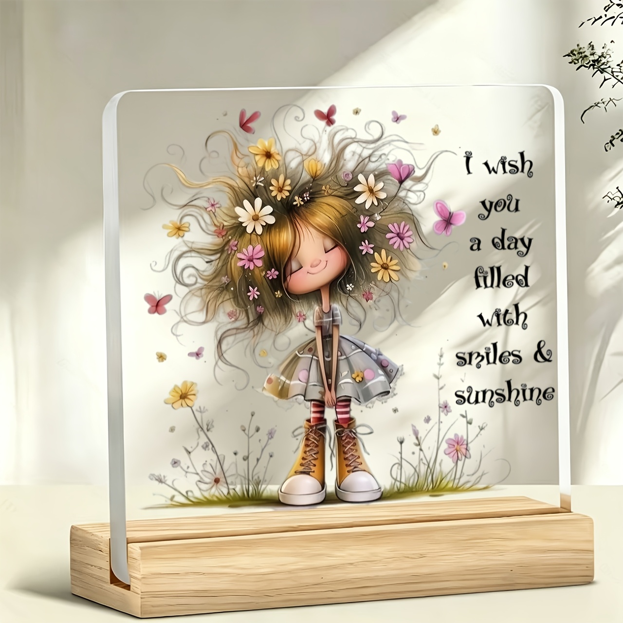 TEMU 2d Flat, 1pc Flower-haired Girl + " A Day Filled With & Sunshine" Slogan Decorative Plaque And Ornament, Acrylic Standee, Desktop Decoration,