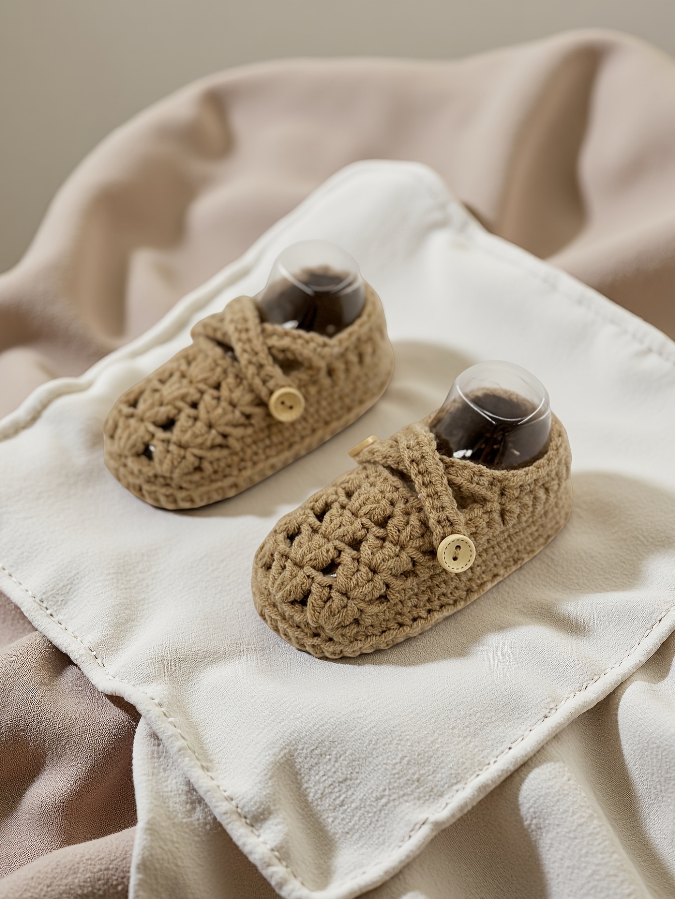 Baby & Toddler Knitted Slip-On Shoes - Soft Breathable Fabric First Walkers with Golden Button Closure, Cozy Indoor/Outdoor Footwear for Infants, Cute Grid Pattern All-Season Casual Shoes, Toddler Shoes, Everyday Infant Wear, Charming Infant Design, Durable Woven Texture