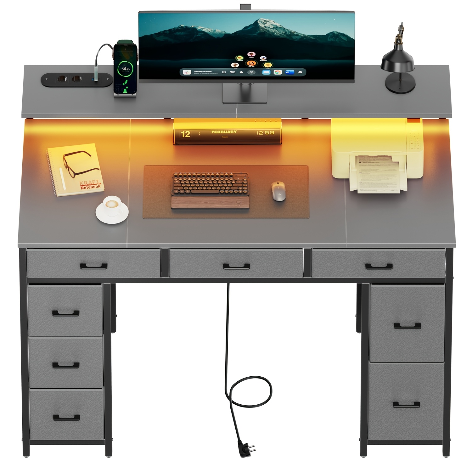 E-shop Moderner Computertisch mit 8-Schubladen-Schrank & USB – Mehrfarbig / Metallrahmen – Ideal fürs Homeoffice, Schreibtisch mit Monitorständer,
