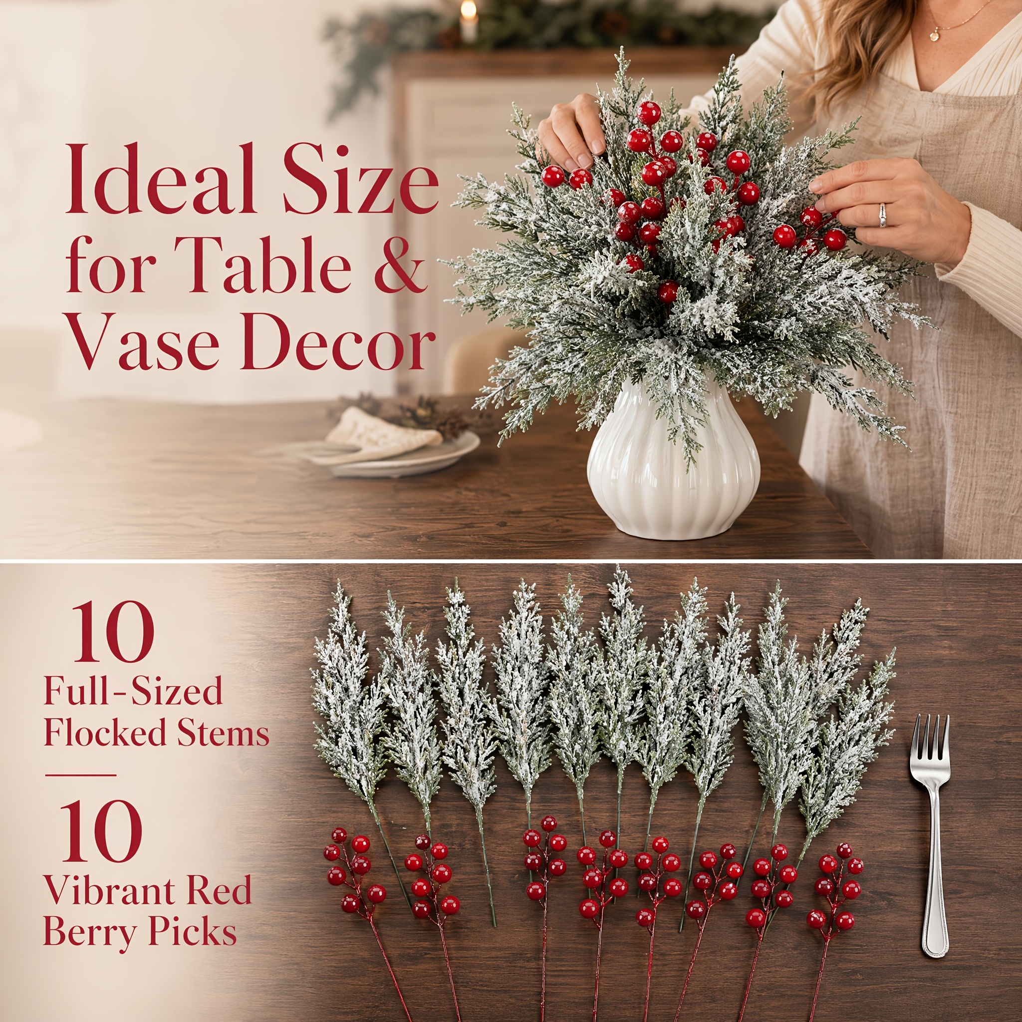 TEMU 20pcs 14in Artificial Christmas Greenery Stems With Red Berries For Diy Wreaths, Xmas Tree Decor, Holiday Centerpieces, Indoor Home Decor,