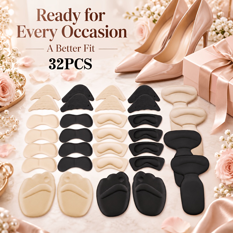 TEMU Set de 32 piezas para mayor comodidad en zapatos, plantillas, rellenos para los dedos y almohadillas para el antepié y agarres para el talón y