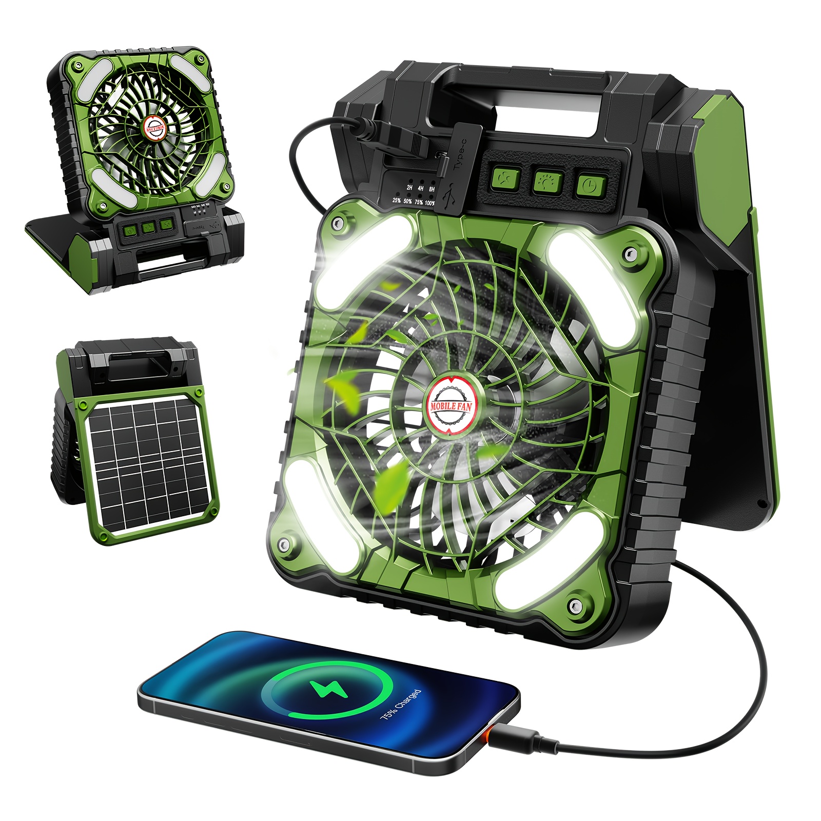 TEMU Outdoor Camping Fan, Portable Solar-powered Dual-use Fan With Led Light, Suitable For Camping Tents, Rvs, Fishing, And Lighting