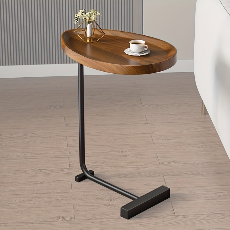 Sleek C-Shaped Wooden Side Table with Black Metal Frame, 18”L x 12”W, Portable End Table for Sofa and Bedside, Perfect for Living Room or Bedroom, Classic Brown Finish, Hardwood & Metal Construction, Living Room Table