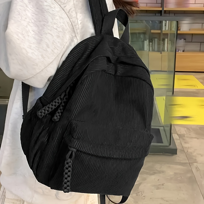 

Fashion Women's Backpack, Small Corduroy Solid Color, Fashionable Student School Bag, Black Nylon Material, Adjustable Shoulder Strap, Zipper Design, Polyester Lining