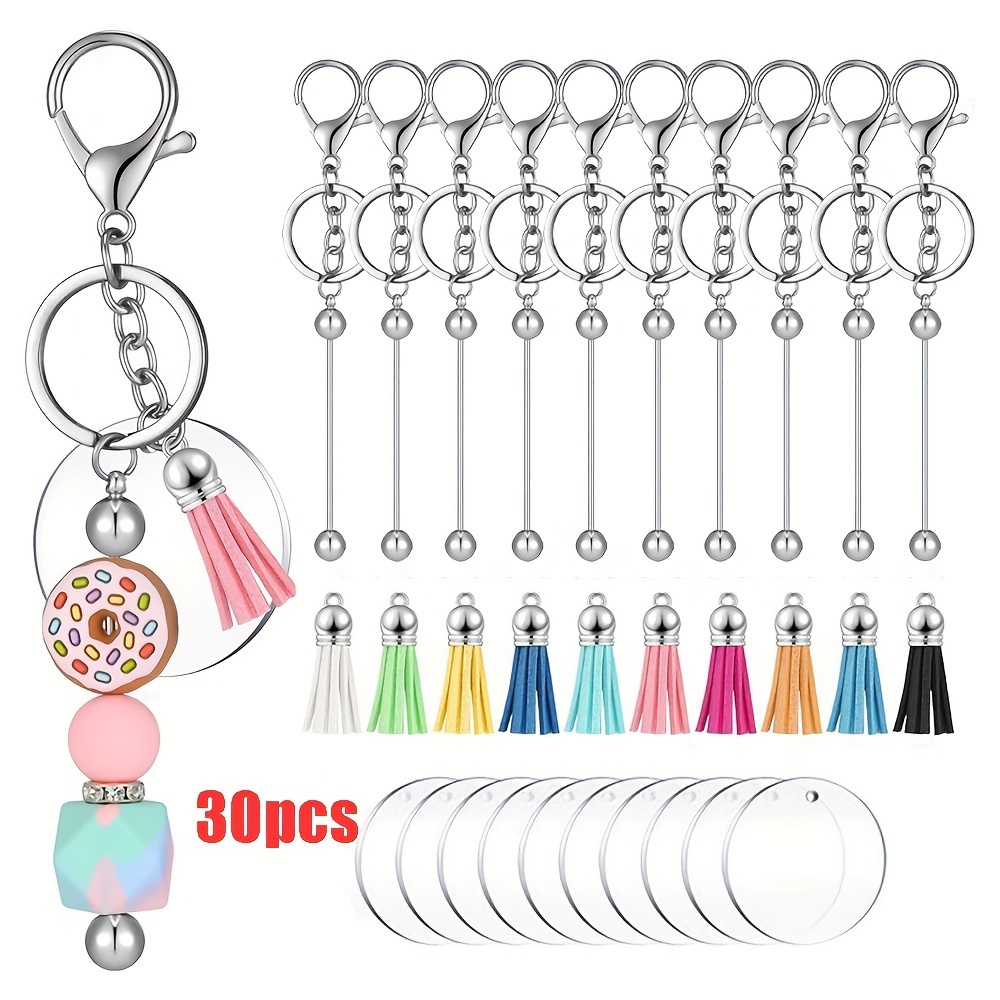 

30pcs Beadable Keychain Bars Bulk Set Silvery Blanks Beaded Keychain Faux Leather Keychain Tassels Acrylic Blanks For Jewelry Making Key Chains