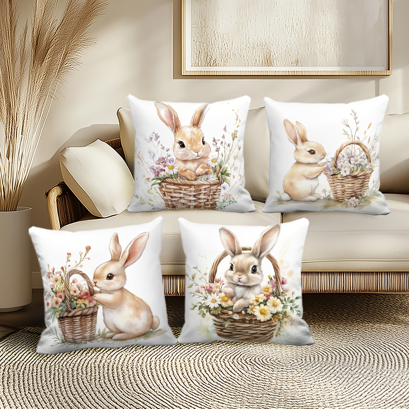 

4-pack Easter Bunny And Floral Basket Throw Pillow Covers, Zippered Polyester Cushion Cases, Machine Washable, Contemporary Style, Woven Fabric, Fits Multiple Room Types, 18x18 Inches - No Insert