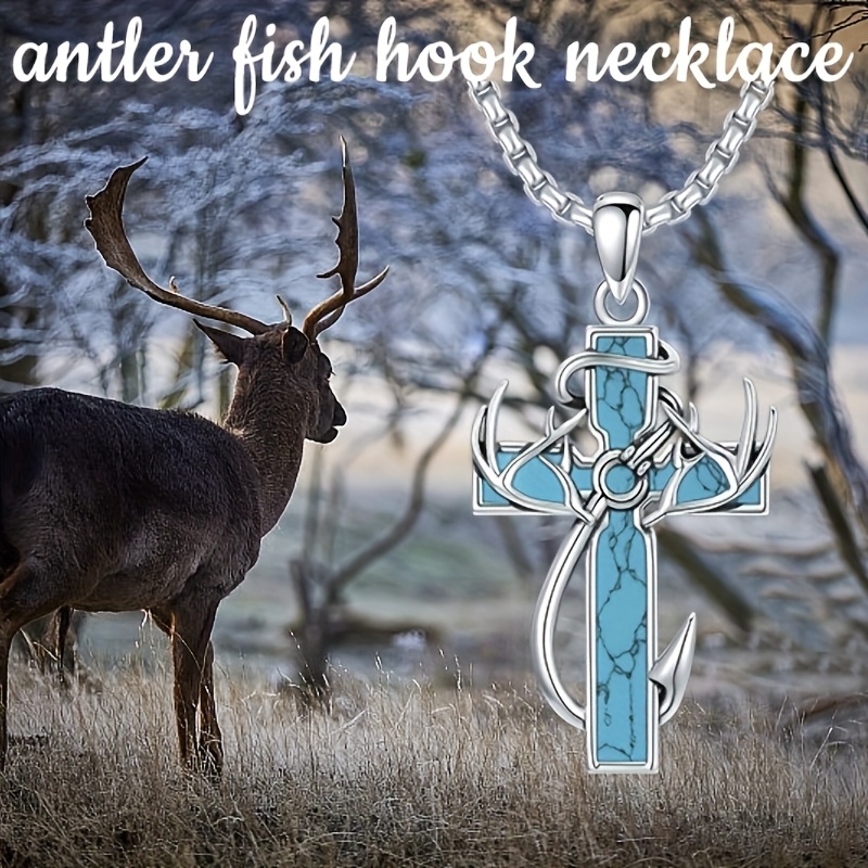 crossed fishing hook antler Fishing Hook Cross Antler Hook Necklace Hunting Fishing Cross Deer Antler  Fish Hook Necklace 925 Sterling