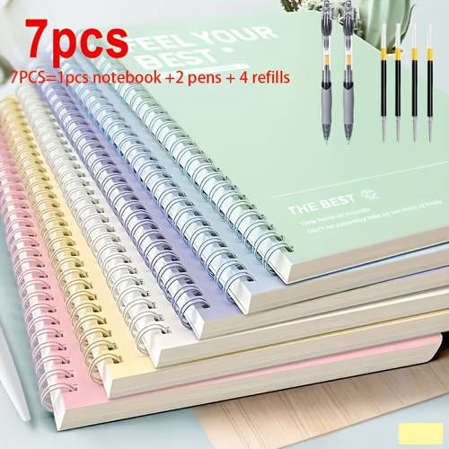 7pcs set one a5 spiral bound hardcover notebook random color two 0 5mm black ballpoint pens and four refill cartridges featuring smooth writing pens with a notebook designed with tear off pages