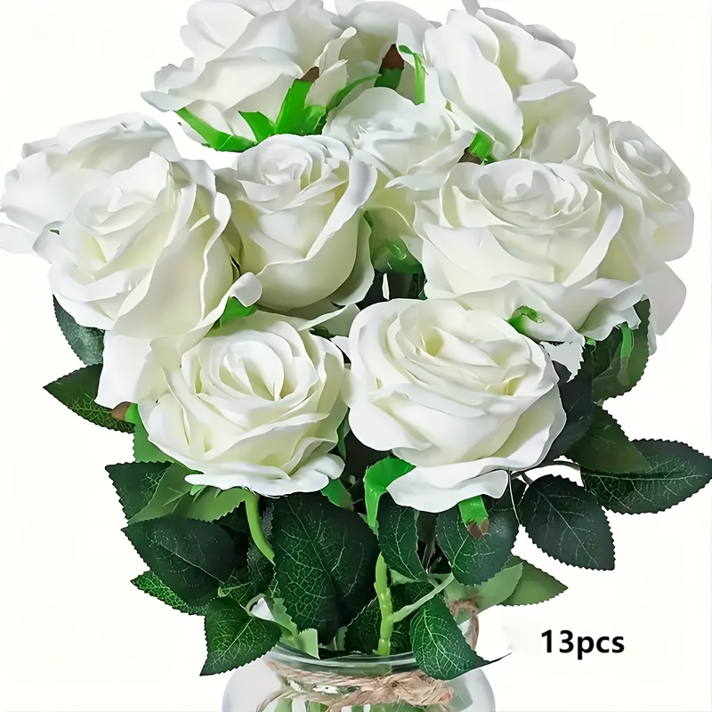 Image of 13pcs Real Touch Fabric Rose Bouquet - Lifelike Artificial Roses For Home, Office, Garden, And Wedding Decorations - Perfect For Valentine's Day & , Artificial Roses, Fabric, Bouquet, Decoration