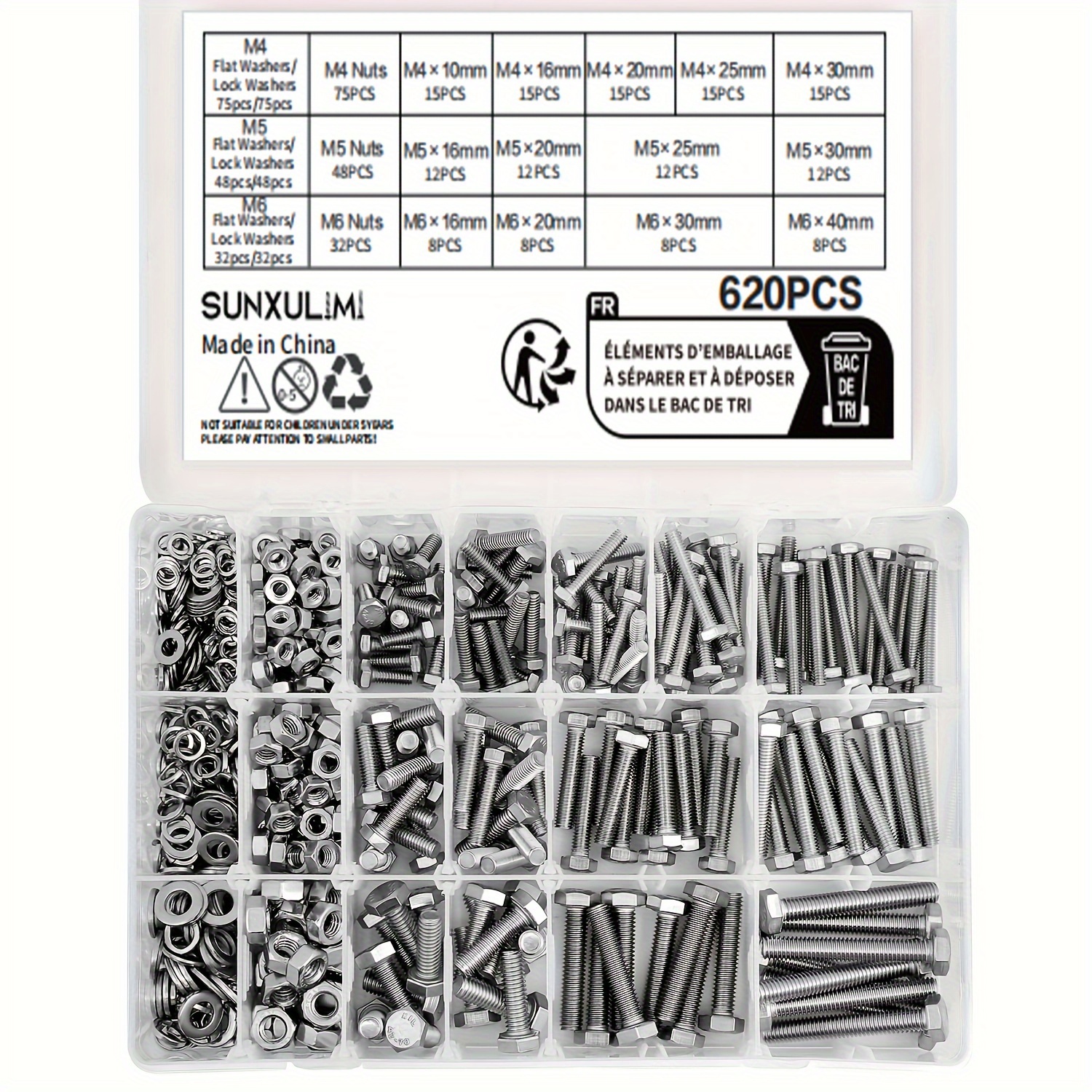 M6 M8 M10 Heavy Duty Bolts And Nuts Assortment Kit, 304 Stainless Steel, Includes 8 Most Common Sizes