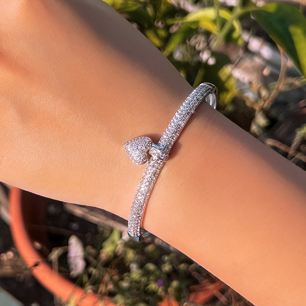 Heart Zirconia Bridal Bangle, Silver Plated, Wedding Jewelry