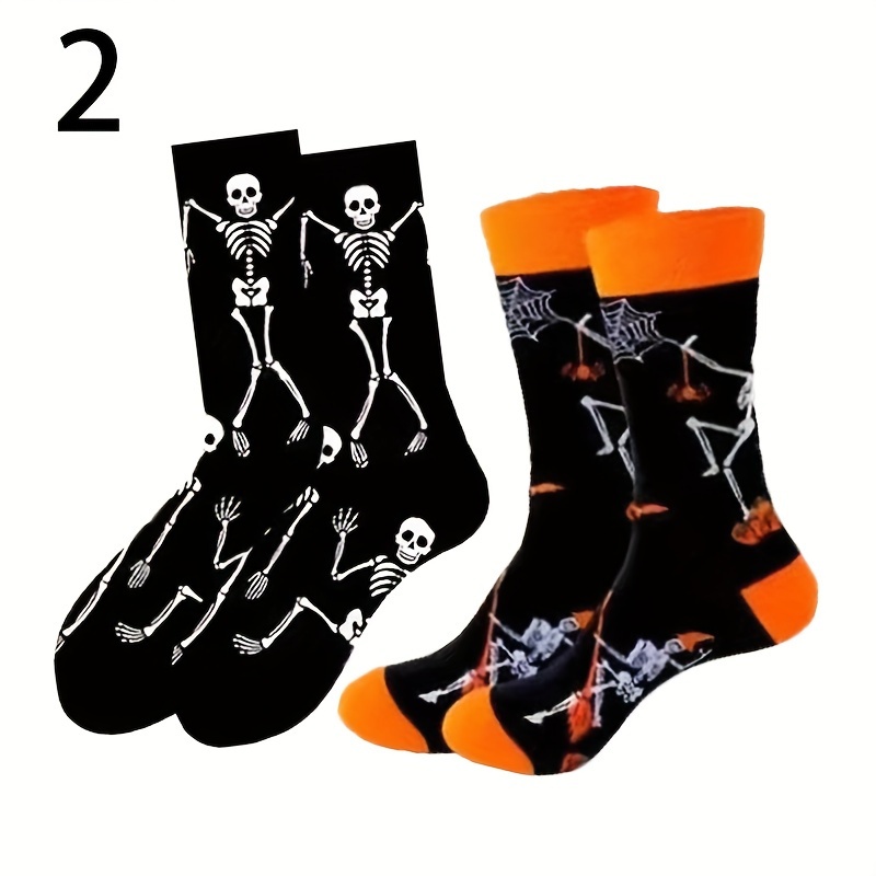 

Themed Cotton Crew-length Hosiery 2-pack, Medium Tube With Trendy Skeleton Motif, 98% Cotton 2% Polyester, Hand Washable Knitted Fabric - Seasonal Footwear Accessory