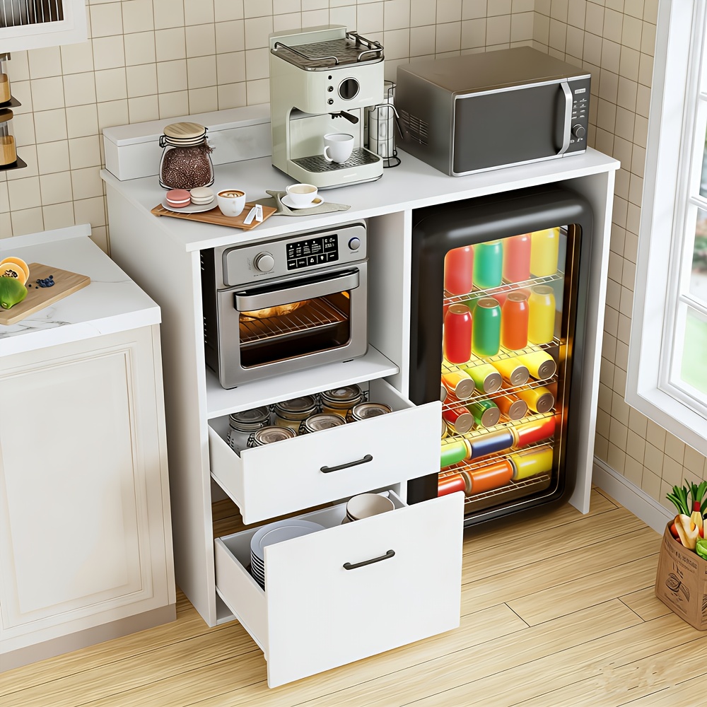 Image of Kitchen Storage Unit, Compact Fridge Cabinet In White, Side Cabinet With Microwave Shelf, Buffet Unit Featuring 2 Drawers, Kitchen Cabinet With Countertop, Ideal For Dining Areas, , And Kitchens