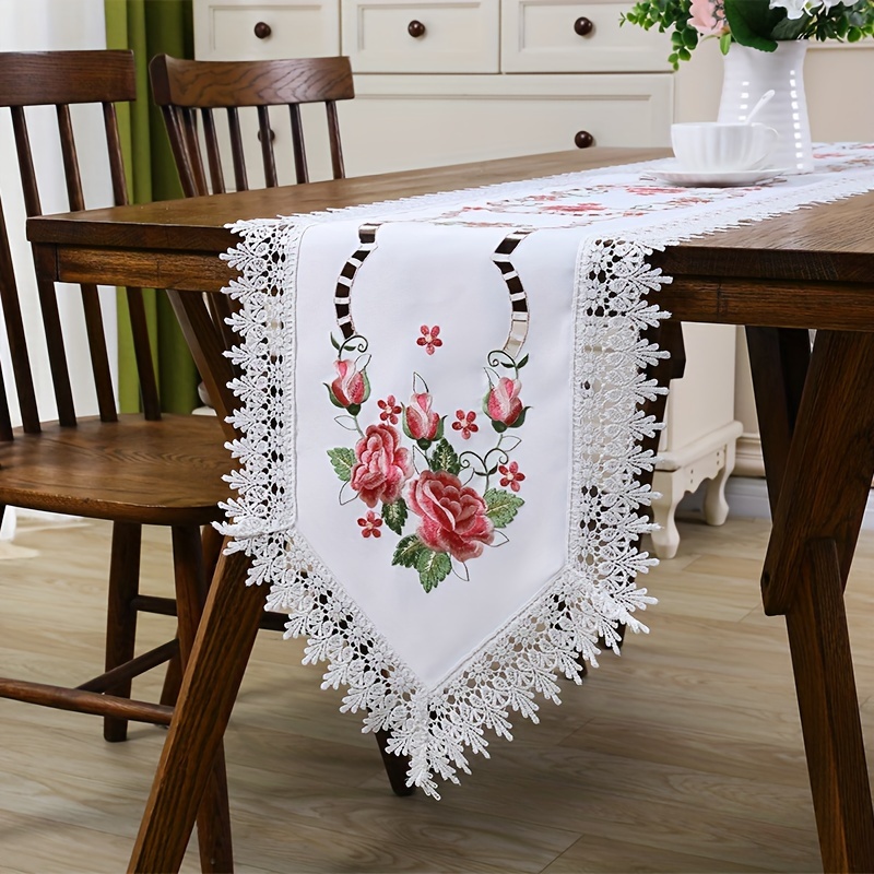 

1pc, Table Runner, Hollow Out Design Embroidered Pink Flower Table Runner, Delicate Romantic Series Decorative Table Runner, Birthday Party, Holiday Decoration, Room Decoration