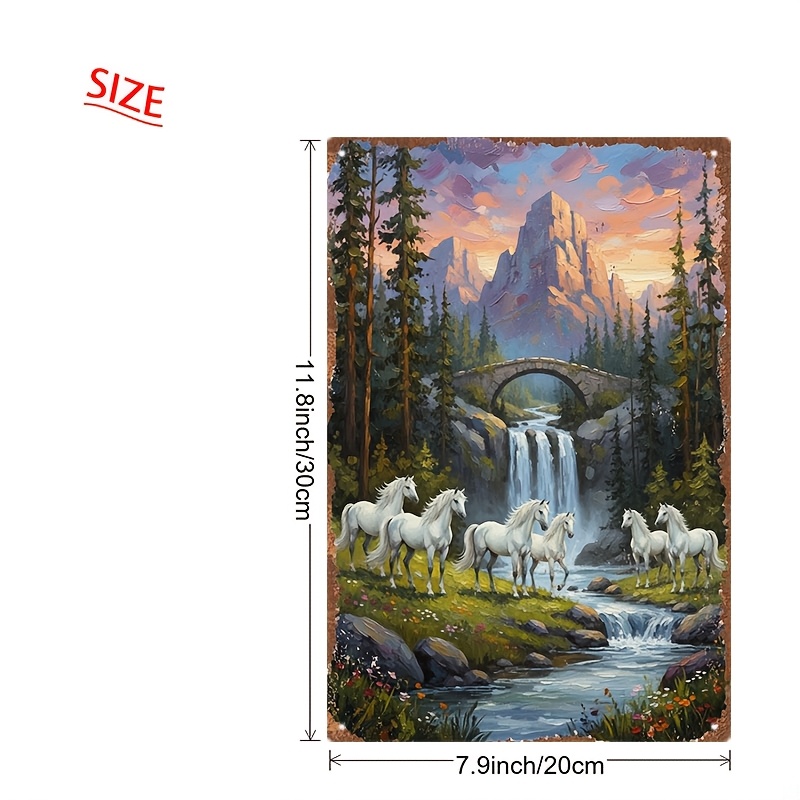1pc of Vintage Tin Decorative Painting, Seven White Horses by The Stream Waterfall, Metal Sign, Metal Poster, Indoor Hanging Decoration, Suitable for Living Room Decoration, Bedroom Background Wall, Office Embellishment, Entrance Arrangement