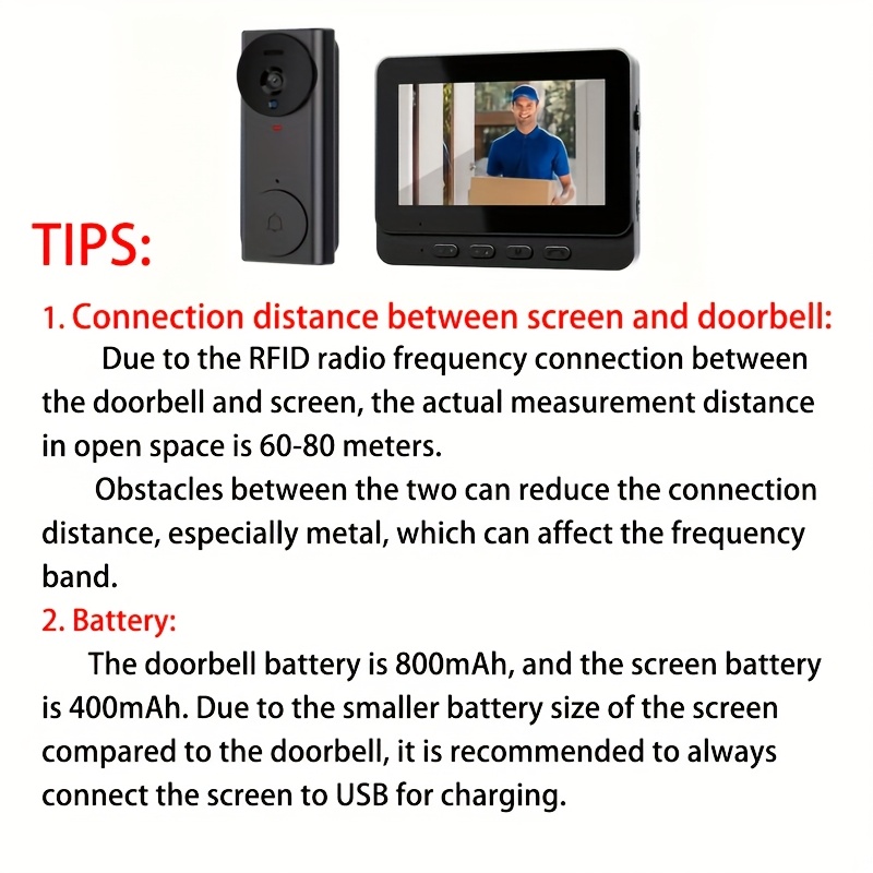 1 Juego de Timbre con Pantalla Nocturna de 10.92 cm, Visión Larga Duración, Intercomunicador Bidireccional, Pulsar para Ver Video en Tiempo Real, Sin Necesidad de WIFI, Carga USB
