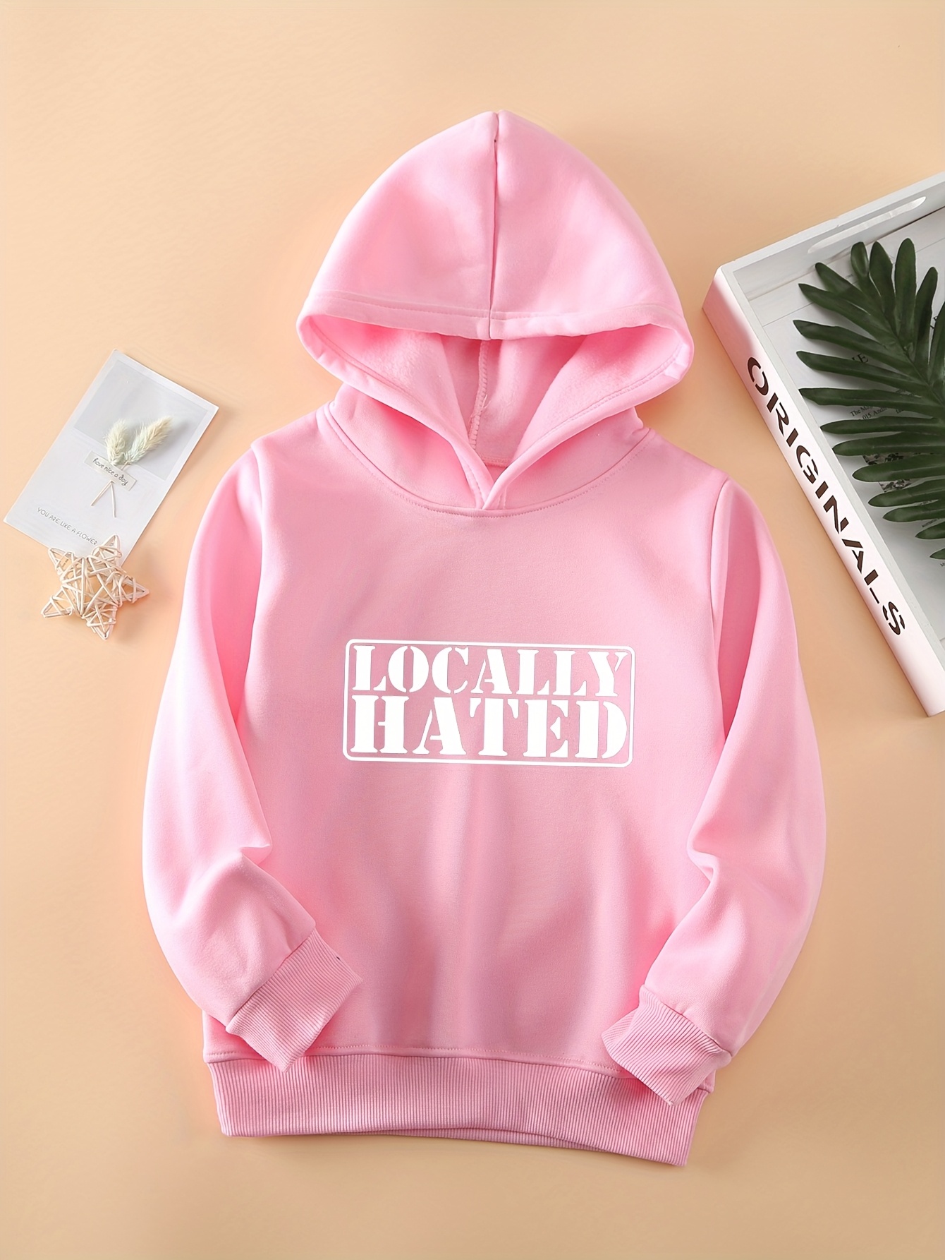 cozy stylish boys pink hooded sweatshirt hated print Temu New