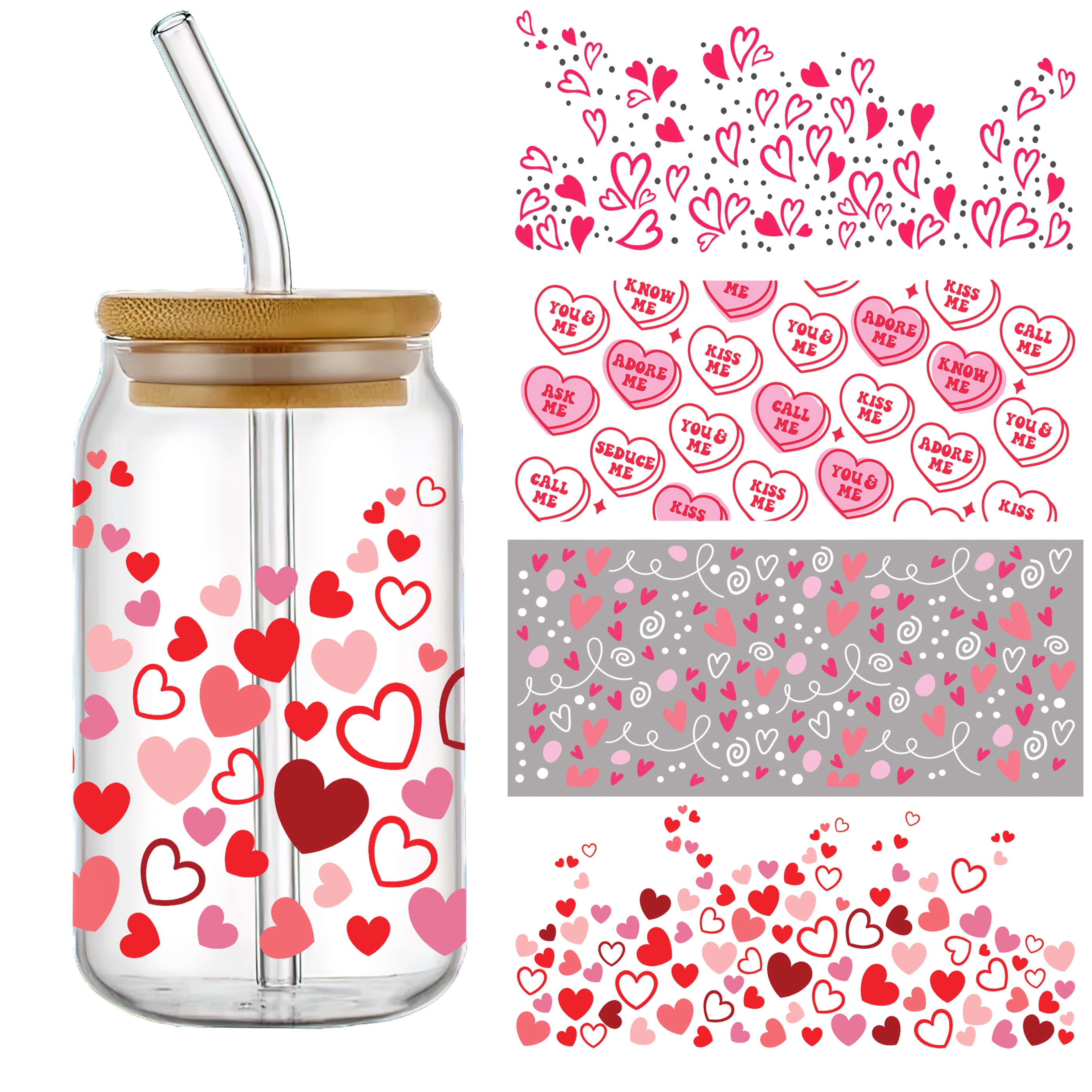 

Set Of 4 Valentine's Day Heart Uv Dtf Self-adhesive Plastic Cup Wraps, Waterproof & -resistant 3d Crystal Transfer Paper For Tumblers & Bottles - High-quality Decals