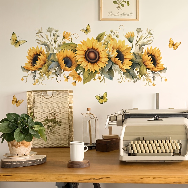 

Vintage Sunflower Wall Decals, Polyvinyl Chloride Self-adhesive Flower Wall Stickers, Reusable, Detachable, Waterproof Floral Wall Decor With For Living Room And Bathroom