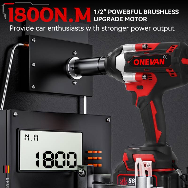 ONEVAN 1200Nm Electric Impact Wrench 1/2 Inch Brushless – Cordless, 2x 3Ah Batteries & Case