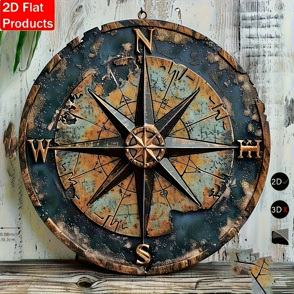 E-shop 2D-Flach, [2D-Flach] 2D-Flachdruck . Metall-Eisenschild, 20,32 cm x 20,32 cm rundes nautisches Kompass-Wanddekor aus Holz im Bohemian-Stil für