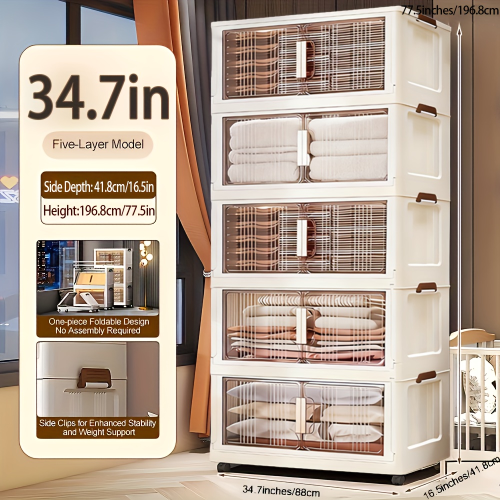 TEMU 1/3/4/5-tier 34.7" Extra-large Folding Storage Trunks With Lids, Stackable Plastic Bins On Wheels, Collapsible Organizer For Closet, Bedroom,