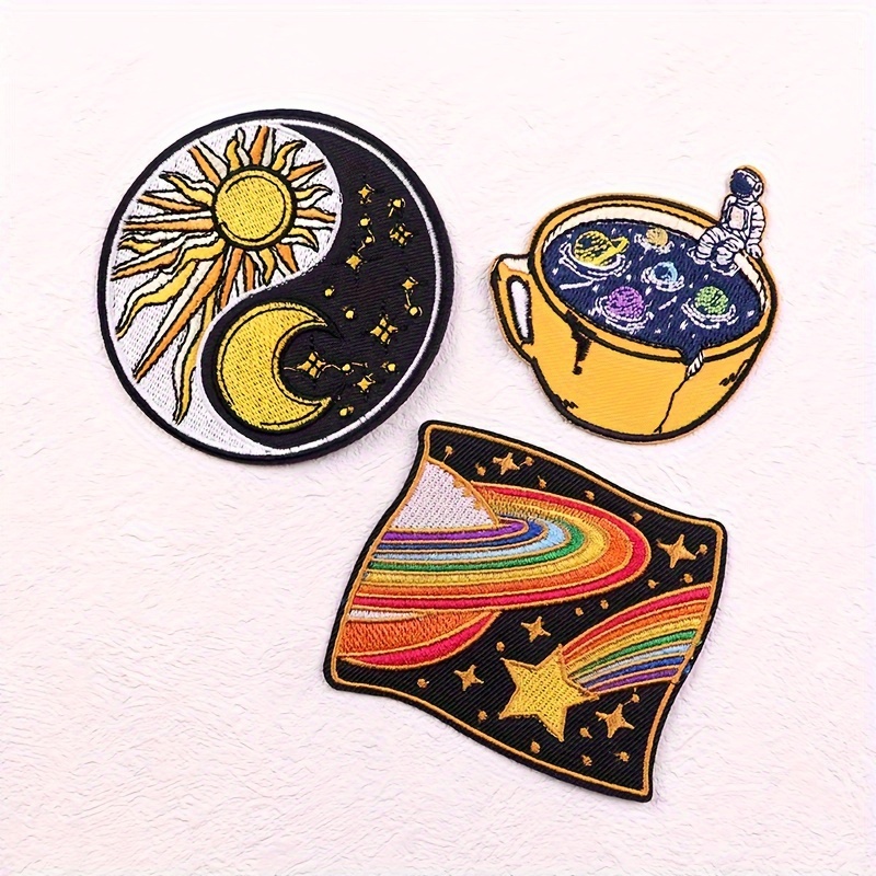 Celestial Charm: Iron-On Embroidery Patches With Stars, Sun, And Moon - Perfect For Diy Fashion
