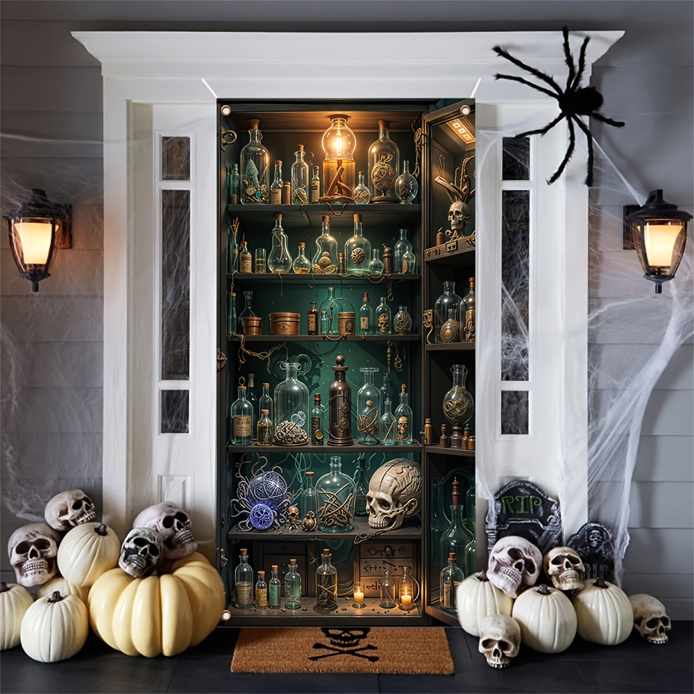 

Potion Cabinet Door Cover - 1 Piece, Spooky Polyester Banner, Non-electric Carnivals & Party Decor, Versatile Indoor/outdoor Photo Backdrop For Themed Events