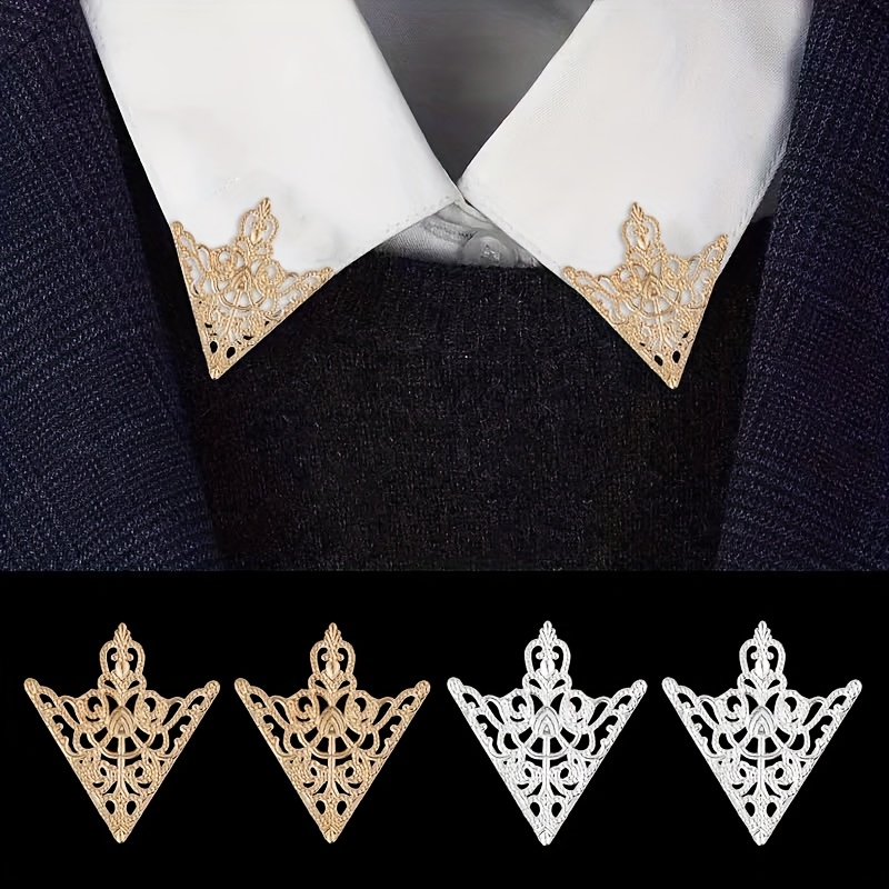 Image of 4pcs Men's Suit Accessories, Golden Hollow-out Pattern Triangle Shirt Collar Pin, For Dates, Evening Parties, Gatherings, And Formal Holiday Wear
