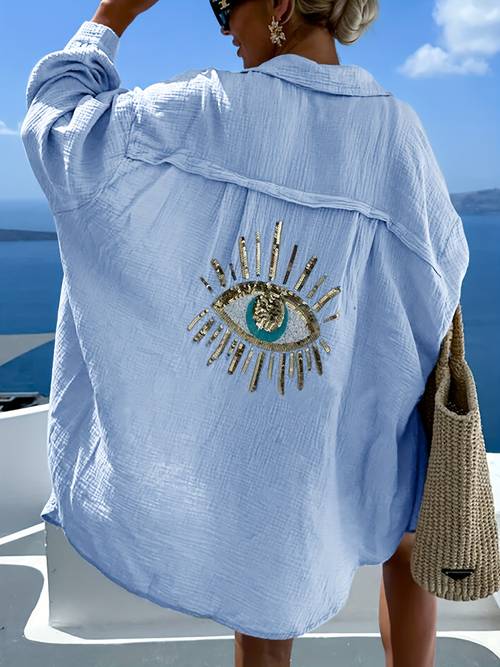 fashionable spring summer elegant french style loose fit casual womens long sleeve shirt with eyelet detail at the back