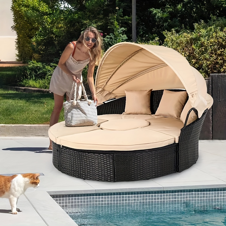 

Dwvo Patio Round Outdoor Daybed With Retractable Canopy Rattan Wicker Clamshell Furniture Seating And Soft Cushions For Porch Backyard Poolside (beige)