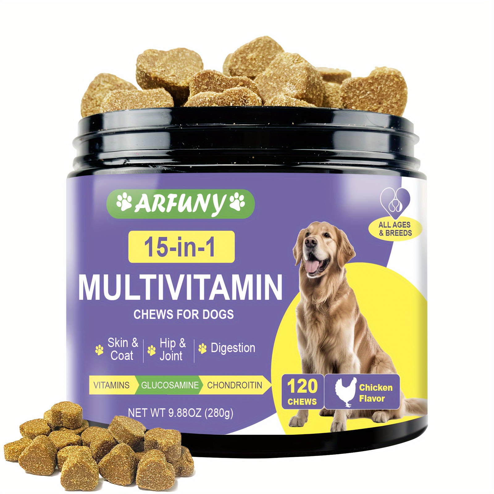 

15 In 1 Dog Multivitamin Supplement, With Essential Vitamins, And Chondroitin, 10oz Multivitamin Chews For Dog, Dog Healthy Supplement, Chicken , 120 Chews