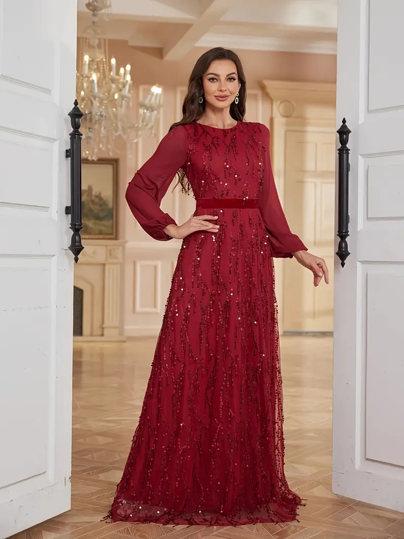 elegant round neck tassel sequin chiffon long sleeve evening - Temu Oman elegant round neck tassel sequin chiffon long sleeve evening - Temu Oman