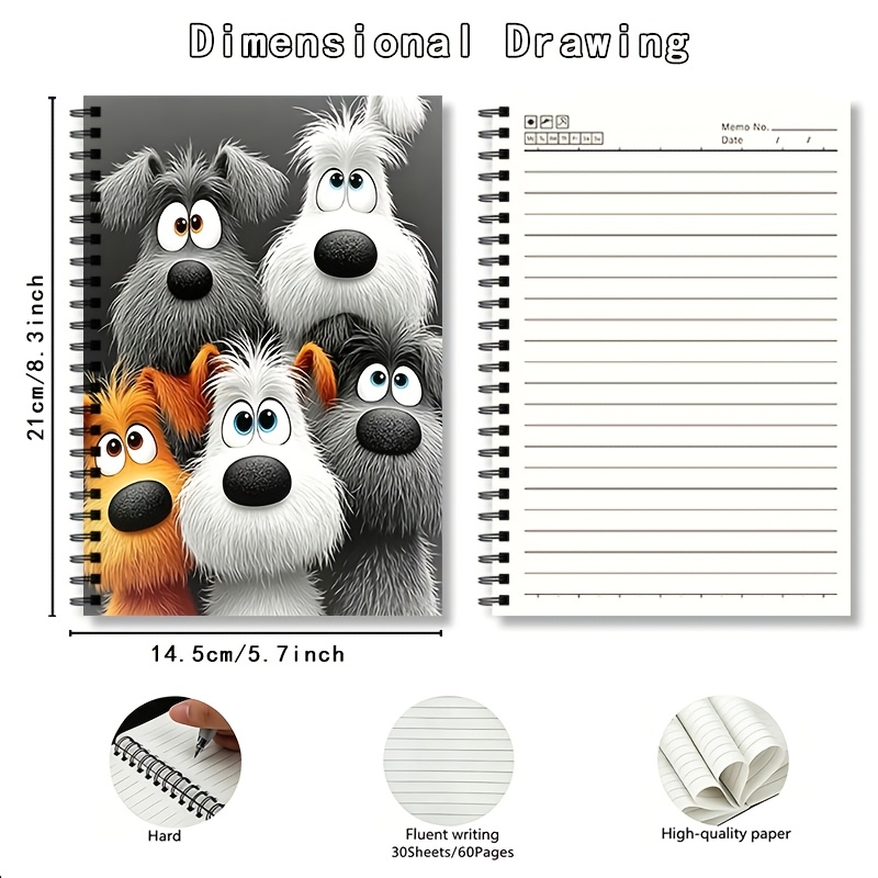 TEMU 1pc Fun Big- Curly Dog Spiral Notebook, Total 60 Pages, Work Memo, Daily Journal, Classroom Notes, Study Planner, Daily Writing Universal,