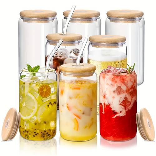 8pcs 16oz High Borosilicate Cup, Simple Heat-Resistant Coffee Beverage Transparent Glass with Bamboo Lid and Straw
