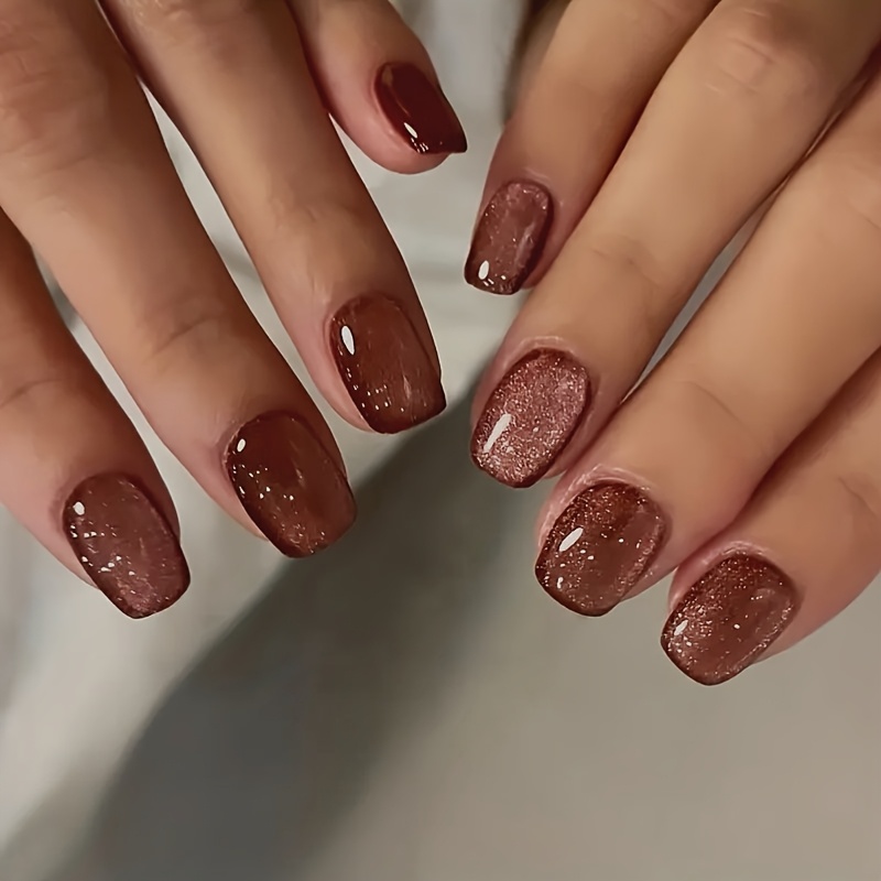 TEMU 24pcs Short Square Strobe Red Nail Tips | Press-on, Reusable, Geometric Pattern, Handmade Tips For Autumn And Winter