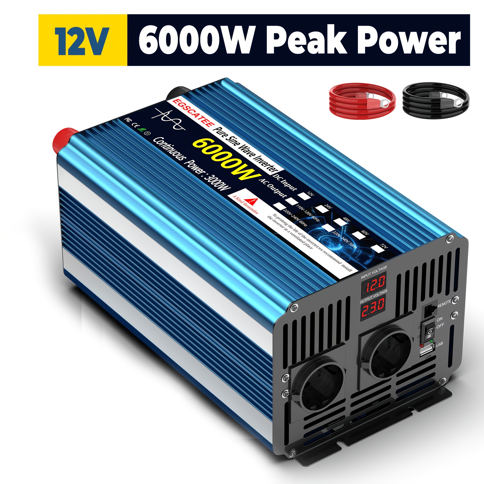 TEMU 3000w/6000w () Pure Sine Power Inverter 12v 24v To Ac 230v Ac Converter With 2 Eu Ac Socket, Led Display Output Voltage And Usb Ports For