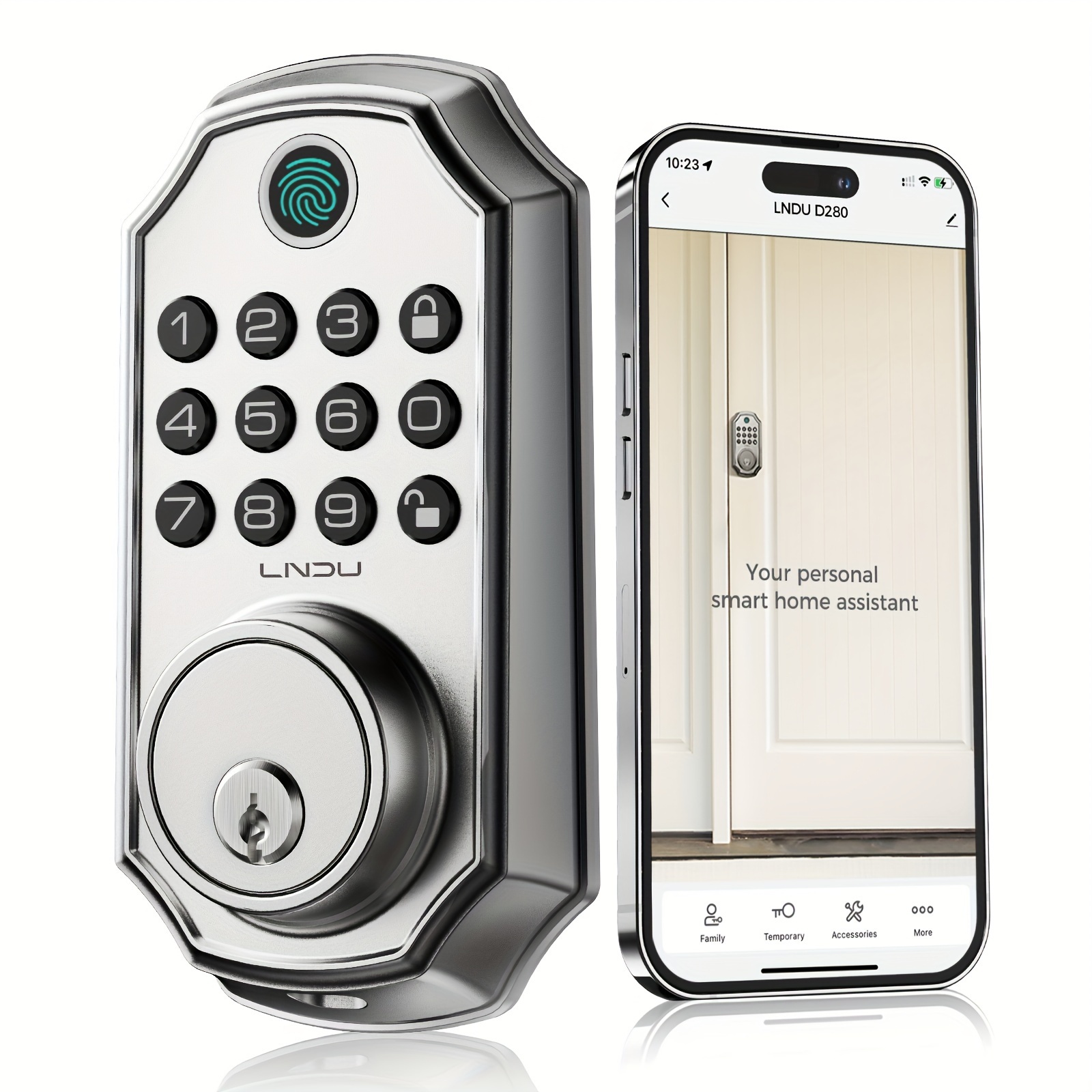 

Smart 5in 1 Door Lock , Entry Door Lock, App Wireless , Biometric Technology Storage Memory , Fit Most Standard Doors, Unlocking Records, Solid And , , Share Temporary, Anti-peeking Password, Lingdu