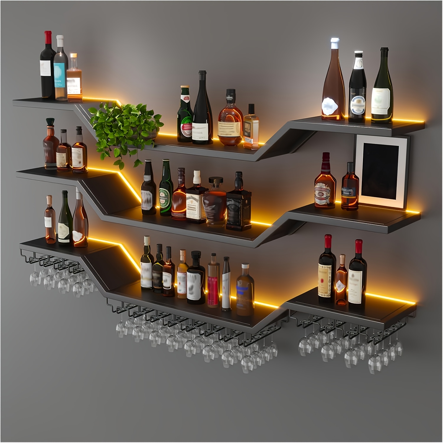 Image of Wall Mounted Wine Rack, 3 Tier Metal Floating Wine Rack With Wine Glass Holder Bar For Home Dining Room Room