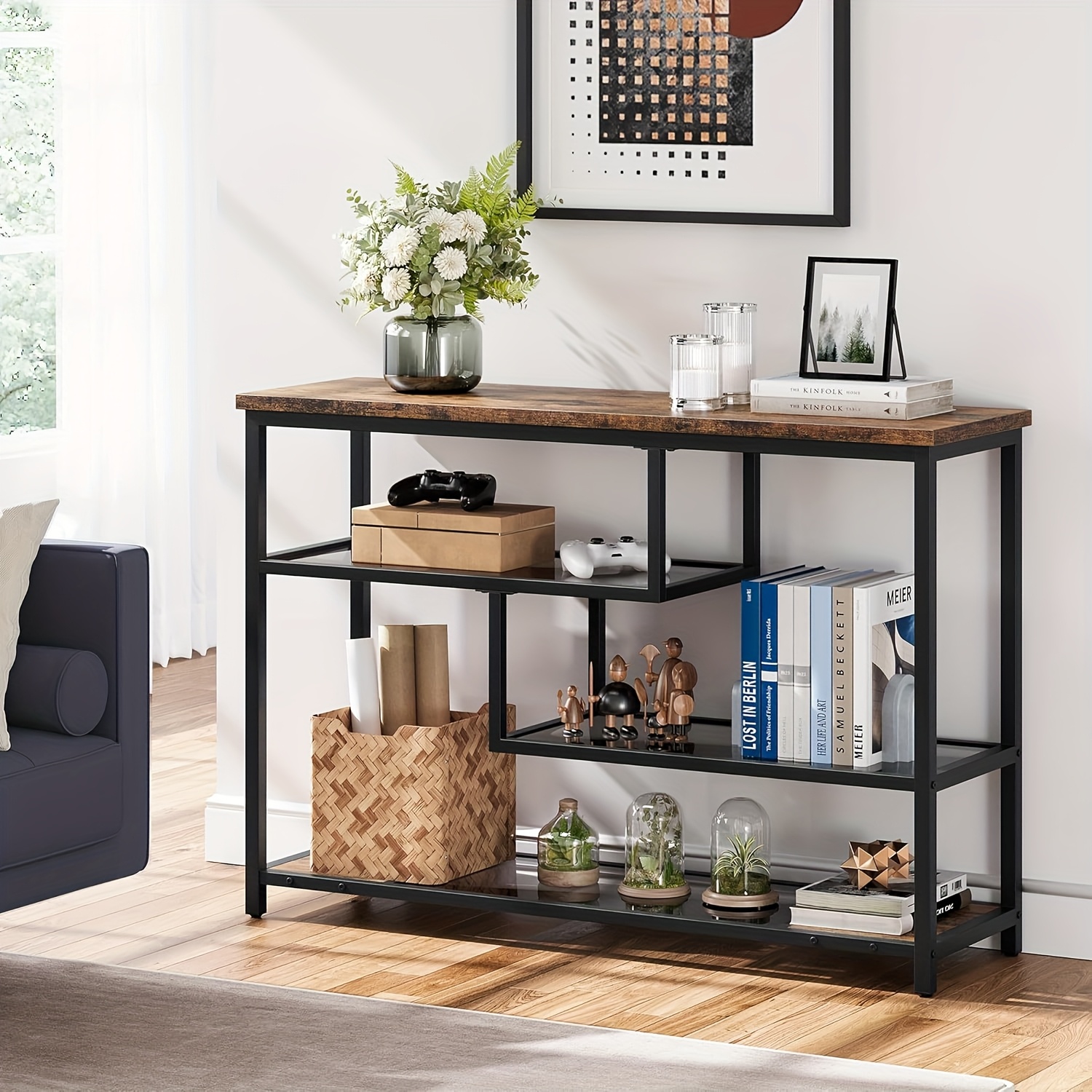 Image of 39.4'' Narrow Sofa Table With 4 Tiers Storage Shelf Entryway Table Wood Console Table Thin Sofa Table Side Table Hallway Table For Living Room, Foyer, Hallway, Entrance, Rustic Brown