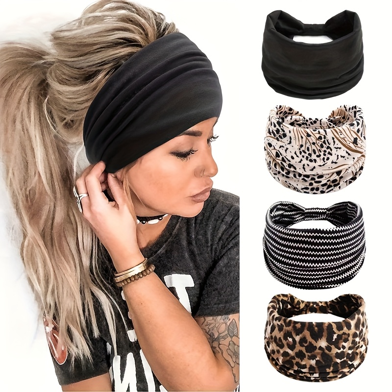 Image of 4pcs Set Mixia Women's Knotted Wide Headbands, Solid Color/leopard Print Bandanas, Bohemian Style Hairbands, Non-slip/sweat-absorbent/stretchy, Fashionable Headwear For Yoga And Running, Elegant And