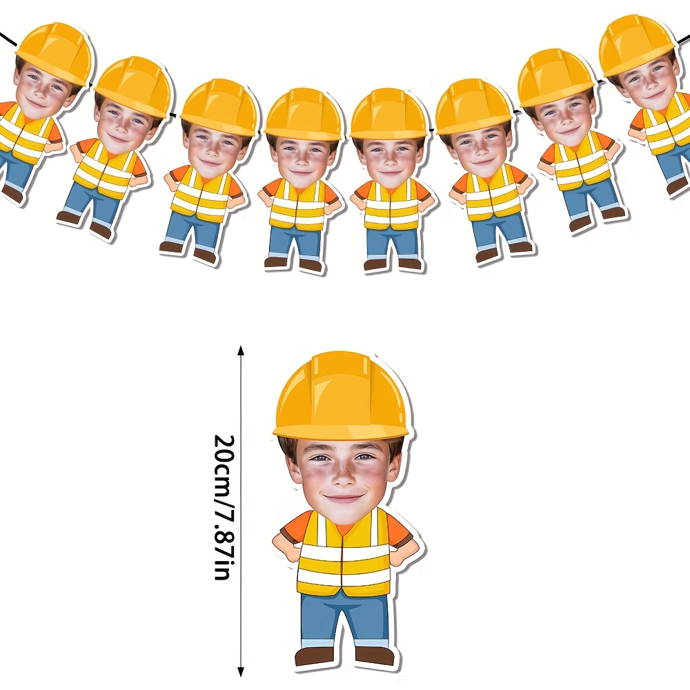 TEMU 8/16pcs Personalized Construction Party Banner Paper Wall Hanging Flags, Construction Theme Decorations, Customized Facial Photo Banner Garland,