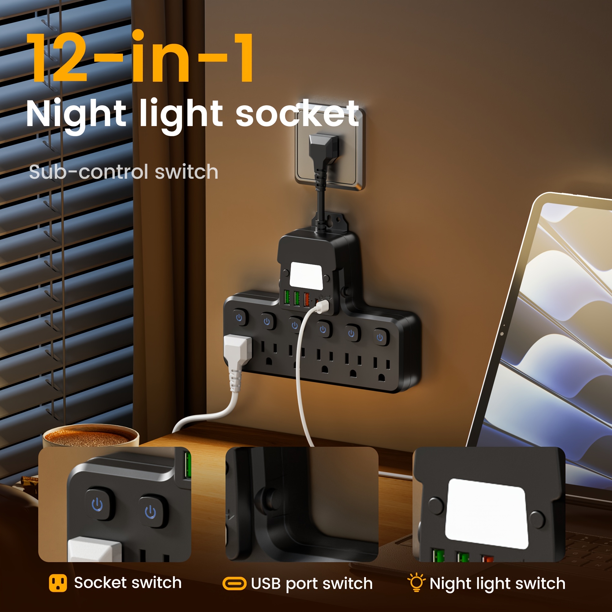 TEMU Power Socket With Protection, Unique 3-color Adjustable Nightlight, 6 Ac Outlets, 5 Usb Ports (2 Usb-c), Switch. Ideal For Home, Dorm, Kitchen,