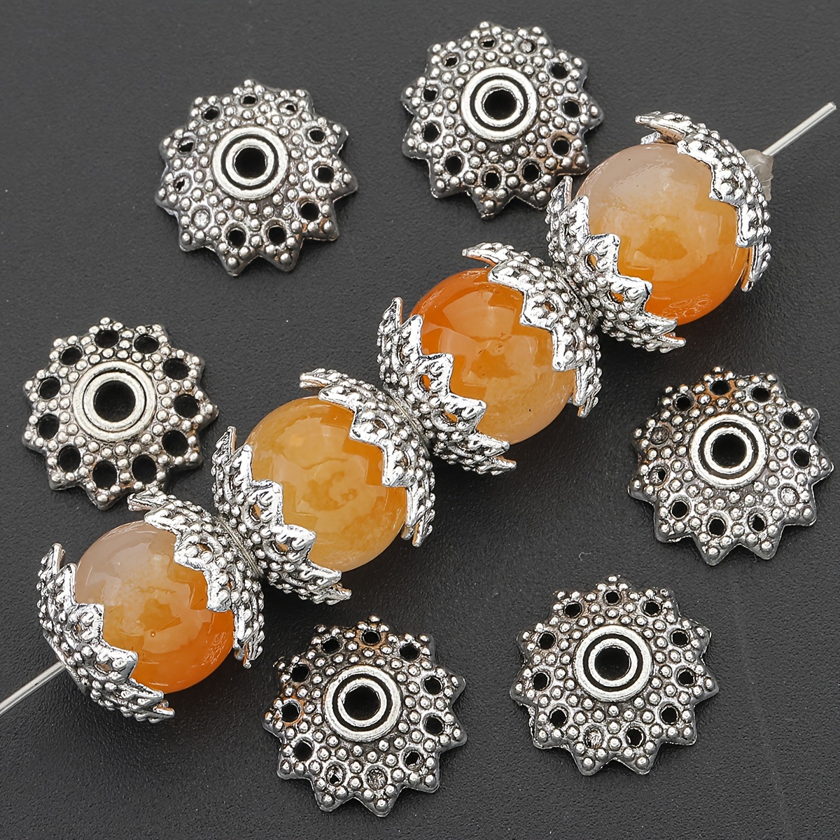 

50pcs Antique Silvery Zinc Alloy Flower Bead Caps, Hollowed-out Floral Spacer Beads For Jewel